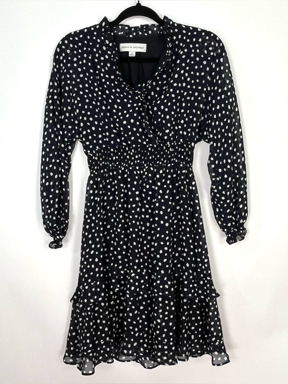 Emma and Michele Black White Polka Dot  V Neck Long Sleeve Ruffle Dress Sz PS